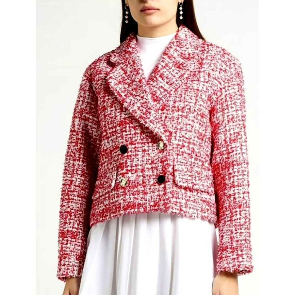 Sandro $580 Red Tweed Cropped Blazer Jacket Evening NWT Size 10